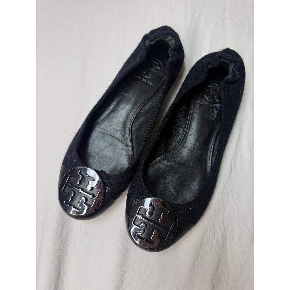 Tory Burch Reva Black Wool Felt Ballet Flats Gunmetal Logo Medallion 6M